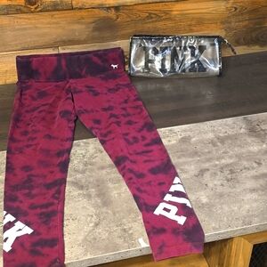 PINK Victoria's Secret Tie-Dye Leggings with clear plastic makeup bag